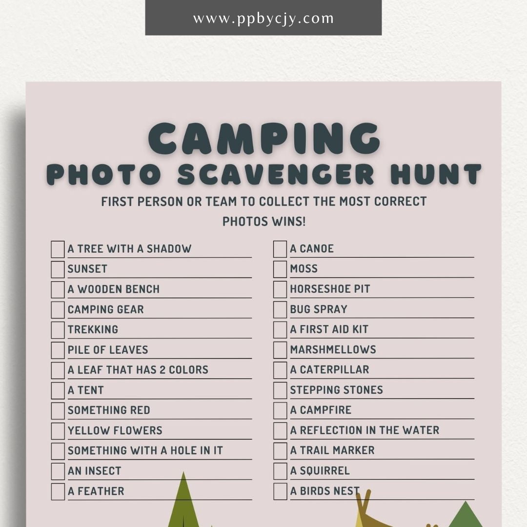 Camping Photo Scavenger Hunt Printable Template – Digital Download for Organizing and Enjoying a Camping-Themed Photo Scavenger Hunt