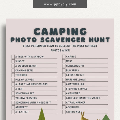 Camping Photo Scavenger Hunt Printable Template – Digital Download for Organizing and Enjoying a Camping-Themed Photo Scavenger Hunt