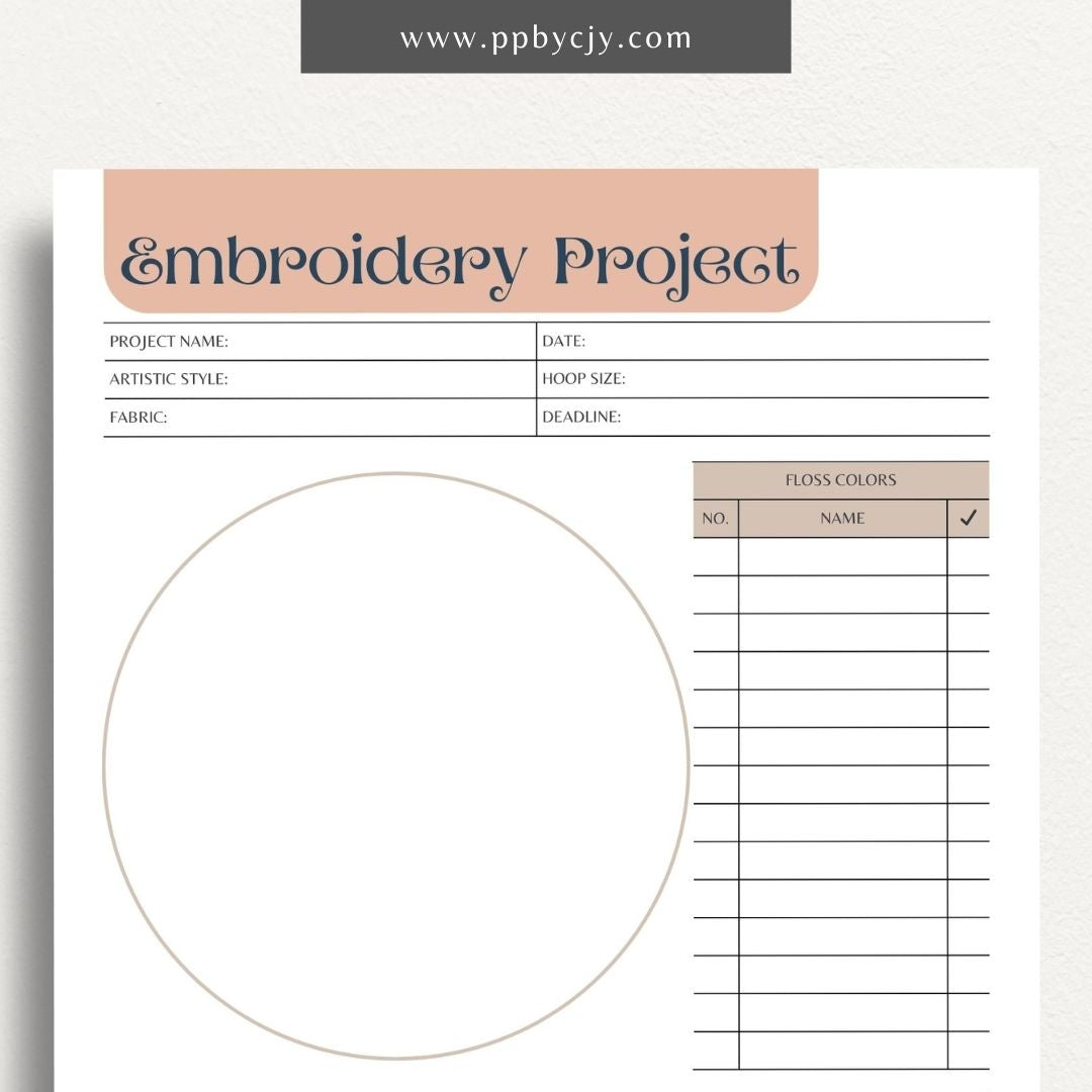 Embroidery Project Plan Printable Template – Digital download for organizing and planning embroidery projects with sections for design, materials, and progress tracking