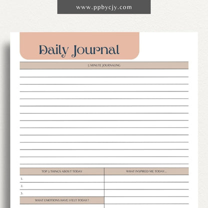 Daily Journal Page Printable Template – Digital download for daily reflection, planning, and journaling, including to-do lists and mood tracking.