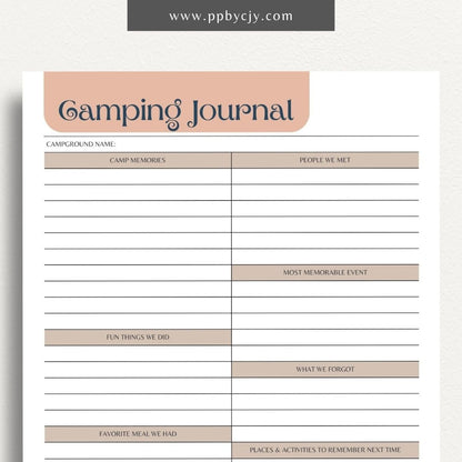 Camping Journal Printable Template – Digital Download for Recording and Reflecting on Camping Experiences and Adventures