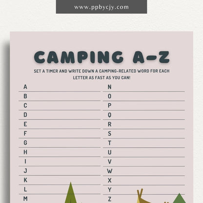 Campground A-Z Game Printable Template – Digital Download for Fun and Educational Camping-Themed Alphabet Game