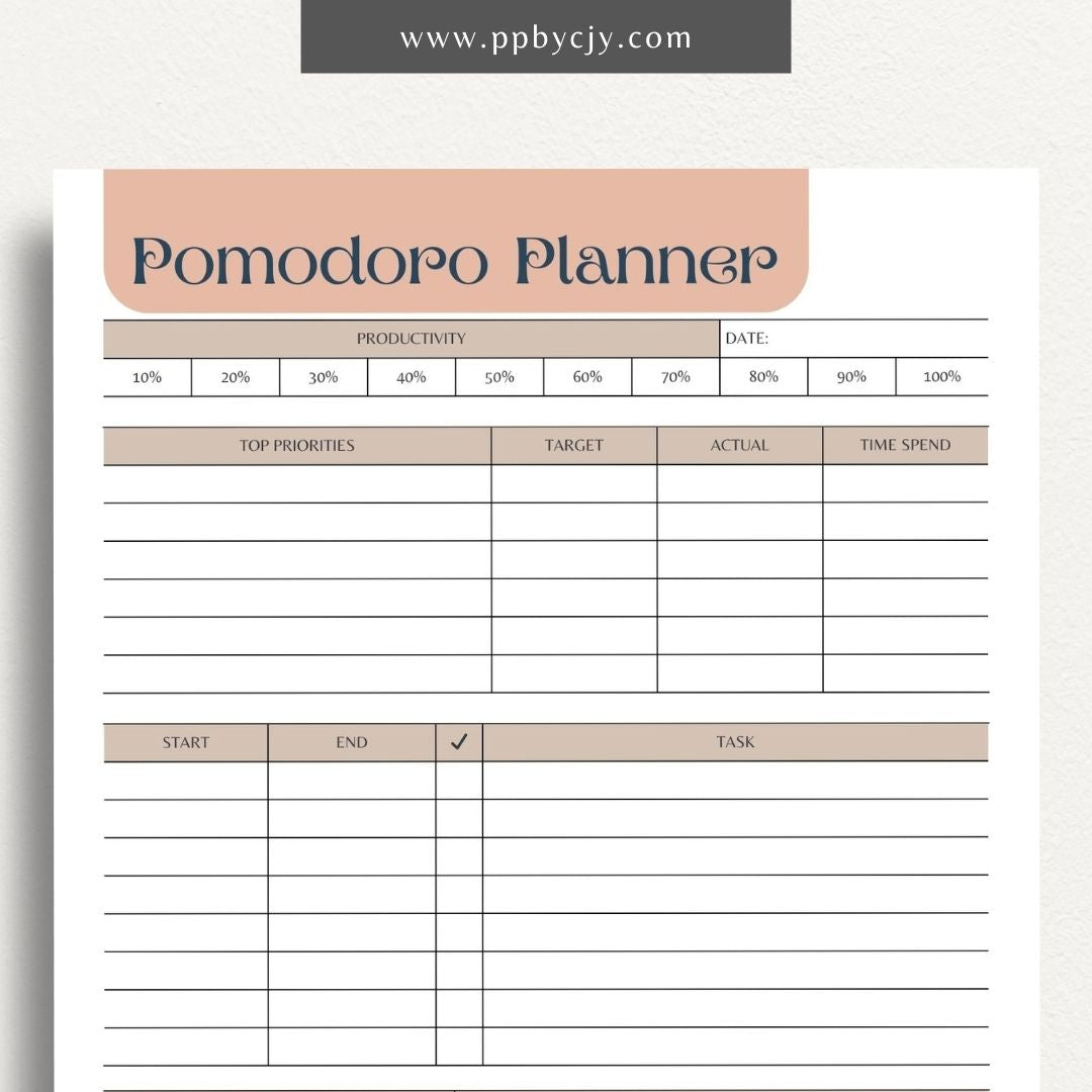 Pomodoro Planner Printable Template – Digital download for time management, productivity tracking, and focus improvement using the Pomodoro Technique.