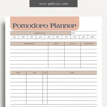 Pomodoro Planner Printable Template – Digital download for time management, productivity tracking, and focus improvement using the Pomodoro Technique.