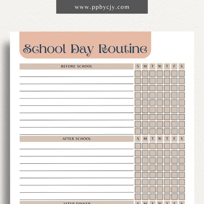 School Day Routine Tracker Printable Template – Digital download for managing school schedules, homework, and daily routines.