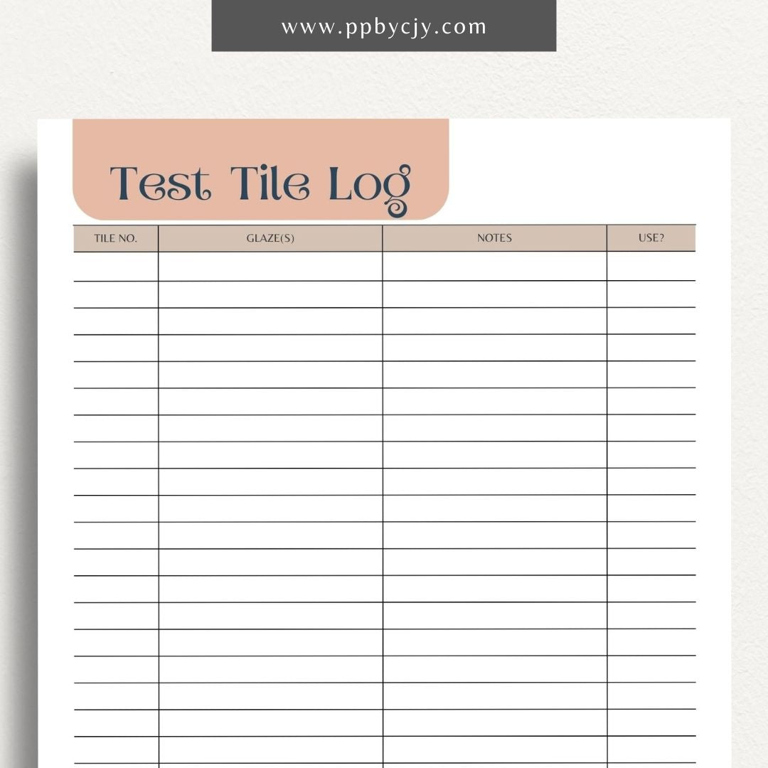 Pottery Test Tile Log Printable Template – Digital download for documenting and tracking ceramic glaze tests, including glaze types, temperatures, and observations