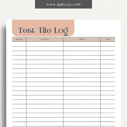 Pottery Test Tile Log Printable Template – Digital download for documenting and tracking ceramic glaze tests, including glaze types, temperatures, and observations