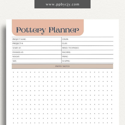 Pottery Planner Printable Template – Digital download for organizing ceramic projects, including design planning, material tracking, and firing schedules