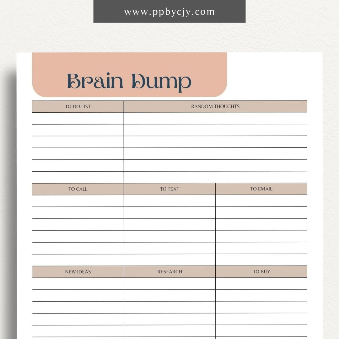 Brain Dump Printable Template – Digital download for decluttering the mind and organizing thoughts and ideas.