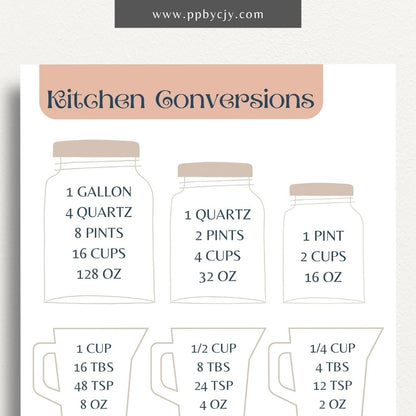 Recipe Ingredient Measurement Conversion Printable Template – Digital download for converting and referencing common ingredient measurements in recipes.