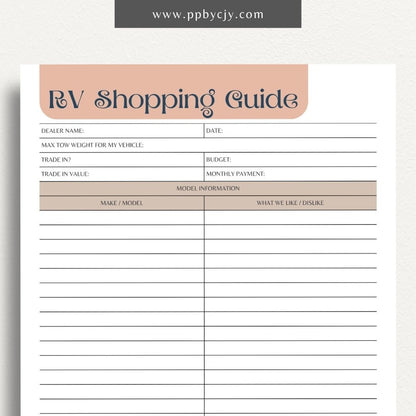 RV Shopping Guide Printable Template – Digital download for planning and organizing your RV purchase or upgrade, including features, checklists, and comparisons