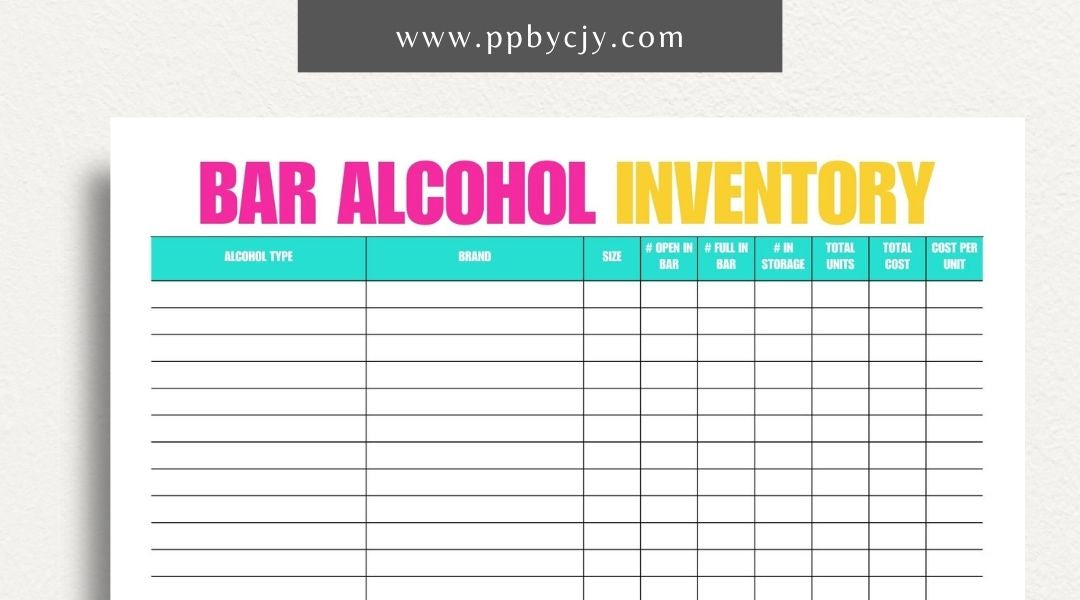 Alcohol Inventory Printable Template – Digital Download for Tracking and Managing Alcohol Stock