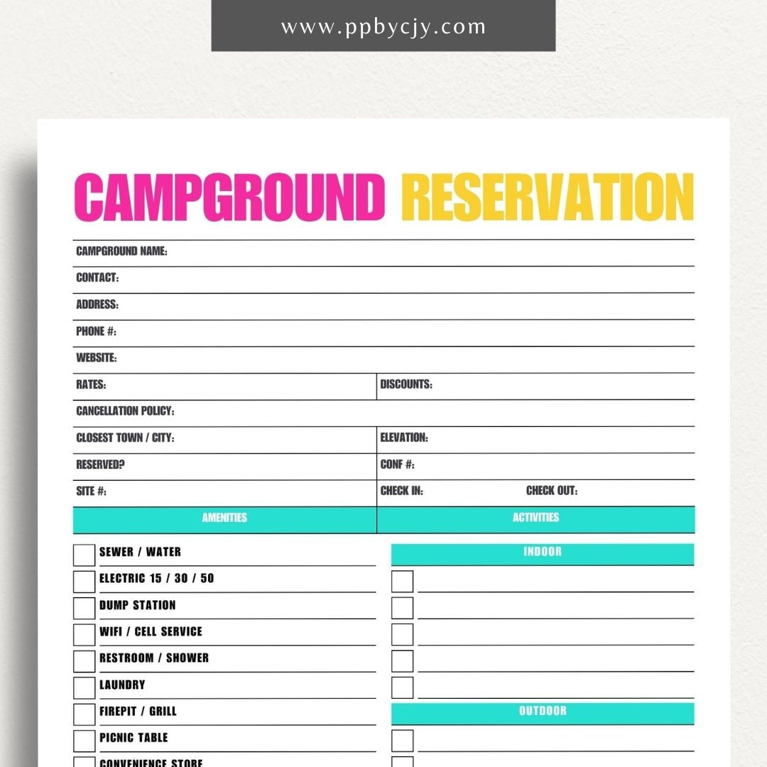 Campground Reservation Sheet Printable Template – Digital Download for Organizing and Managing Campground Reservations