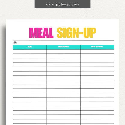 Meal Train Sign-Up Printable Template – Digital download for organizing and coordinating meal deliveries for someone in need.