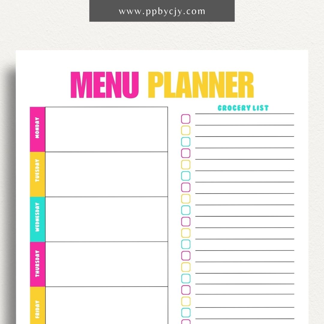 Weekly Meal Planner Printable Template – Digital download for organizing and planning meals for the week, including meal ideas, ingredients, and grocery lists