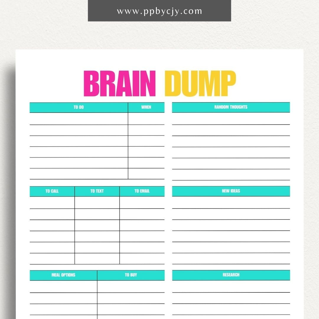 Brain Dump Worksheet Printable – Digital download for organizing thoughts, ideas, and tasks to achieve mental clarity.