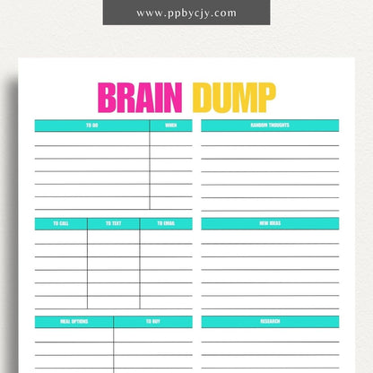 Brain Dump Worksheet Printable – Digital download for organizing thoughts, ideas, and tasks to achieve mental clarity.