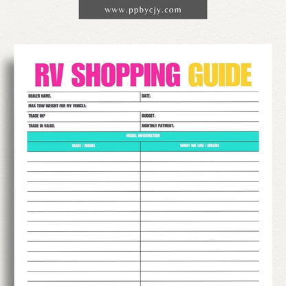 RV Shopping Guide Printable Template – Digital download for planning and organizing your RV purchase or upgrade, including features, checklists, and comparisons