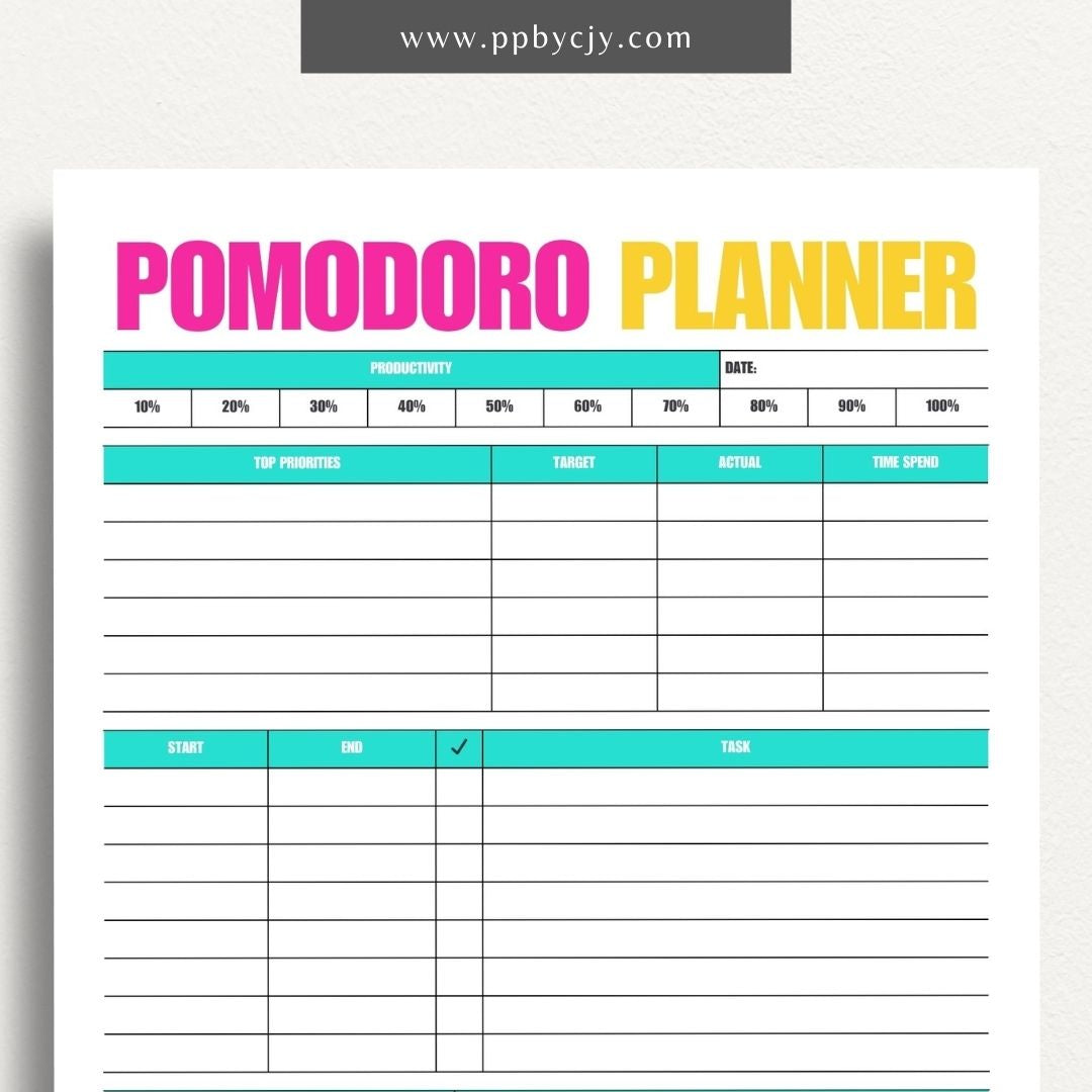 Pomodoro Planner Printable Template – Digital download for time management, productivity tracking, and focus improvement using the Pomodoro Technique.