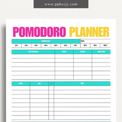 Pomodoro Planner Printable Template – Digital download for time management, productivity tracking, and focus improvement using the Pomodoro Technique.