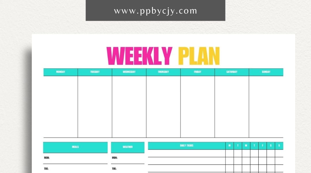 Weekly Planner Printable Template – Digital download for managing weekly schedules, tasks, and goals.