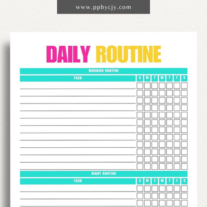 Daily Routine Printable Template – Digital download for planning and organizing daily schedules, tracking habits, and boosting productivity.