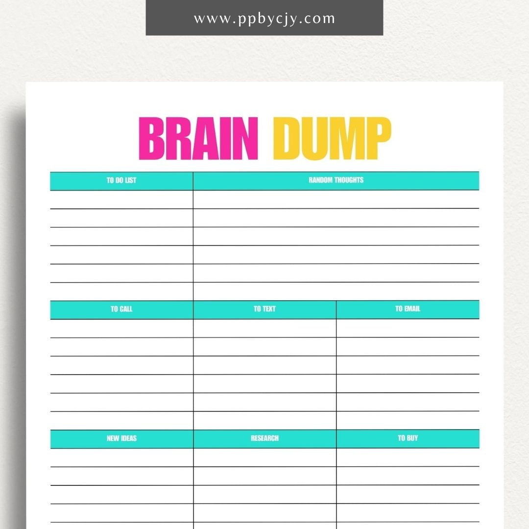 Brain Dump Printable Template – Digital download for decluttering the mind and organizing thoughts and ideas.