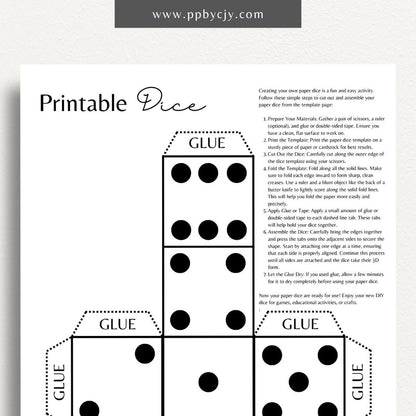 Paper Dice Printable Template – Digital Download for Creating Custom Dice with easy-to-assemble designs and instructions for cutting and folding