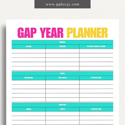 Gap Year Planner Printable Template – Digital download for organizing travel, setting goals, and tracking experiences during your gap year.