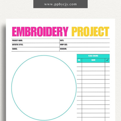 Embroidery Project Plan Printable Template – Digital download for organizing and planning embroidery projects with sections for design, materials, and progress tracking