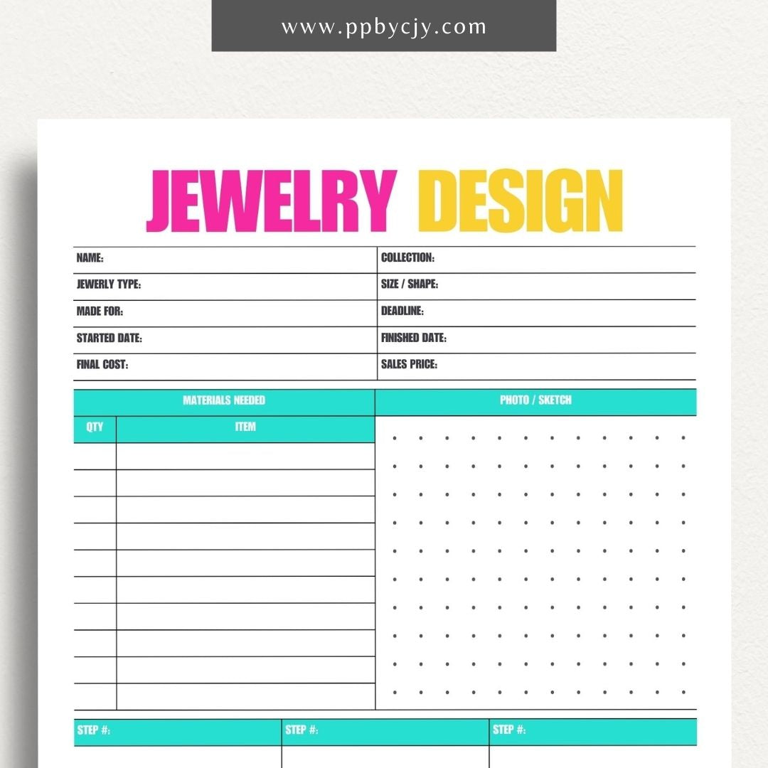 Jewelry Design Plan Printable Template – Digital download for organizing and planning jewelry designs with sections for sketches, materials, and measurements