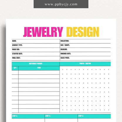 Jewelry Design Plan Printable Template – Digital download for organizing and planning jewelry designs with sections for sketches, materials, and measurements