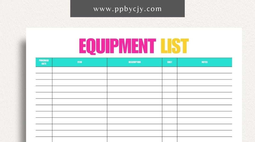 Equipment & Machine List Printable Template – Digital download for tracking and organizing machinery, maintenance schedules, and equipment inventory