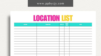 Photography Location List Printable Template – Digital download for organizing and tracking photography spots, photoshoot planning, and location details