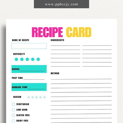 Recipe Card Printable Template – Digital download for organizing and documenting your favorite recipes and cooking instructions