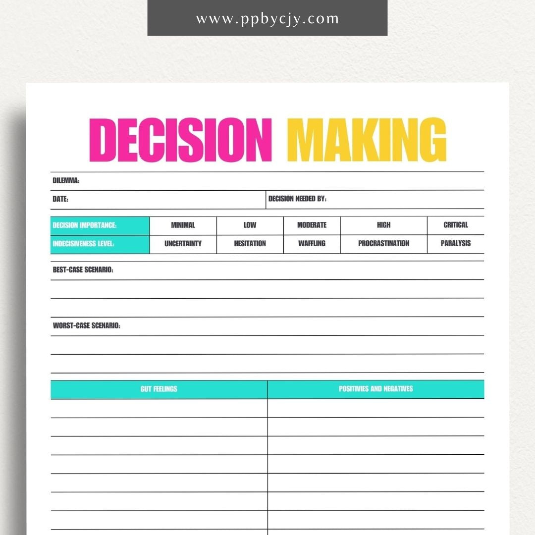 Decision-Making Sheet Printable Template – Digital download for evaluating options, listing pros and cons, and organizing thoughts for confident decision-making.