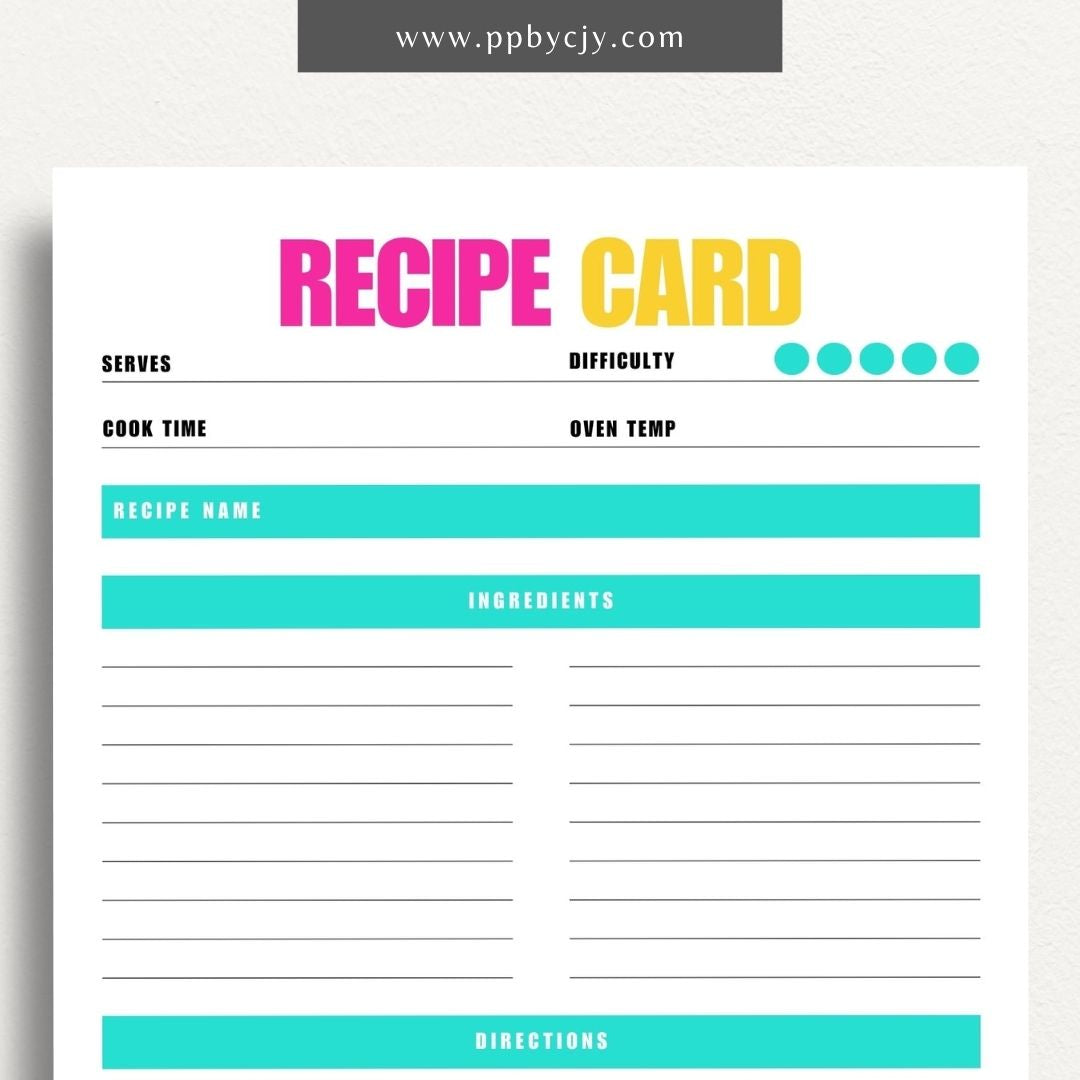 Recipe Card Printable Template – Digital download for organizing and documenting your favorite recipes and cooking instructions