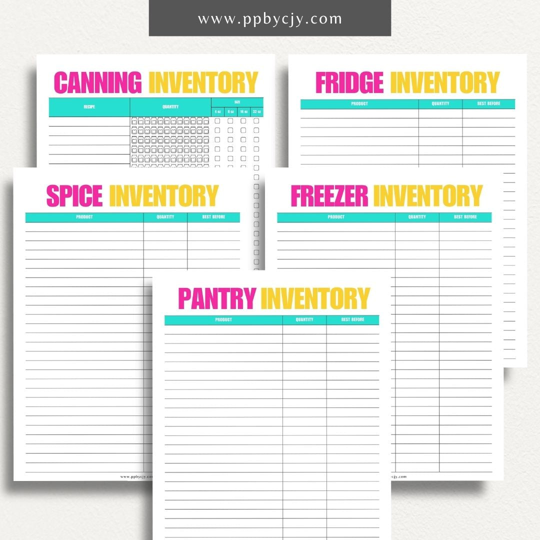 Kitchen Inventory Bundle Printable Template – Digital download featuring a collection of tools for organizing and managing your kitchen inventory, including pantry, refrigerator, and freezer.