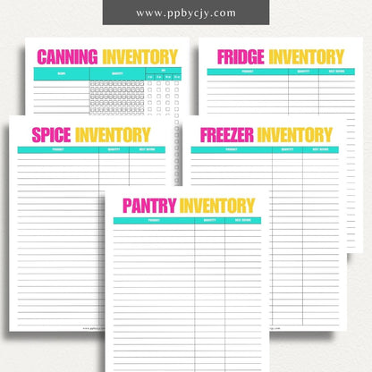 Kitchen Inventory Bundle Printable Template – Digital download featuring a collection of tools for organizing and managing your kitchen inventory, including pantry, refrigerator, and freezer.