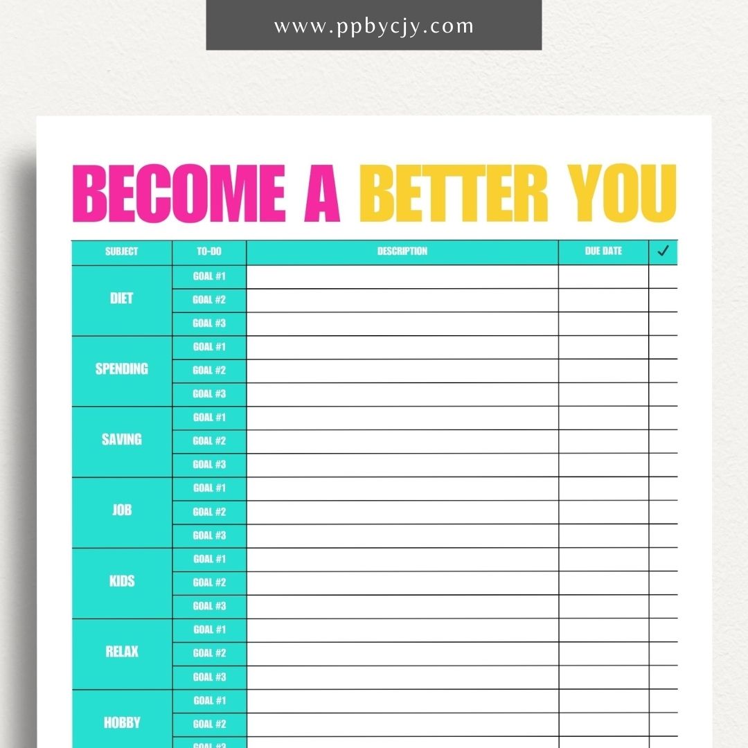 Become a Better You Worksheet Printable Template – Digital download for personal development and self-improvement tracking.