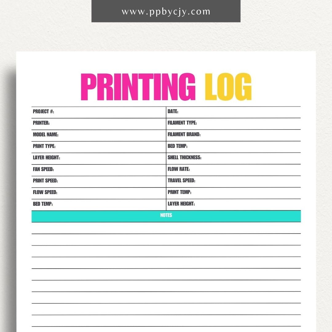 3D Printing Log Printable Template – Digital download for tracking and organizing 3D print jobs, settings, and project details