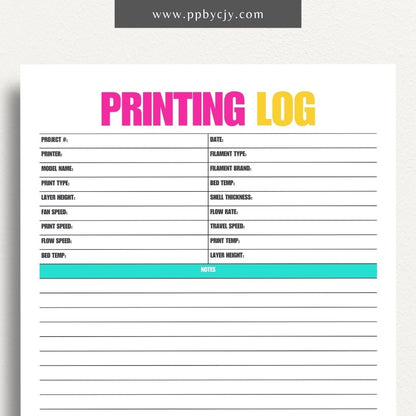 3D Printing Log Printable Template – Digital download for tracking and organizing 3D print jobs, settings, and project details