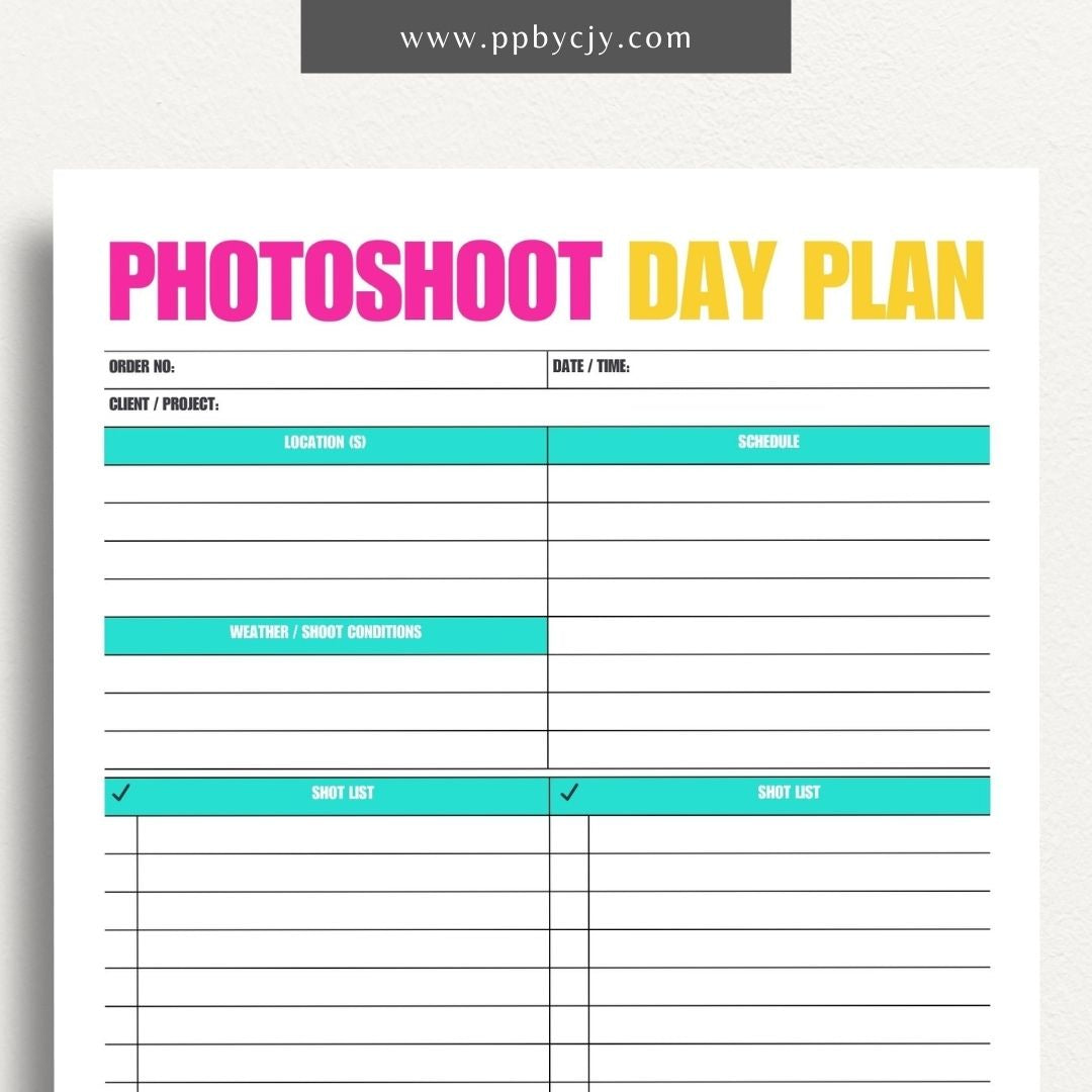 Photoshoot Day Plan Printable Template – Digital download for organizing and planning photography sessions, shoot day schedules, and equipment lists