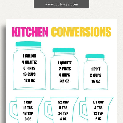 Recipe Ingredient Measurement Conversion Printable Template – Digital download for converting and referencing common ingredient measurements in recipes.