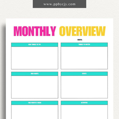 Monthly Overview Printable Template – Digital download for planning monthly schedules, setting goals, and organizing tasks.