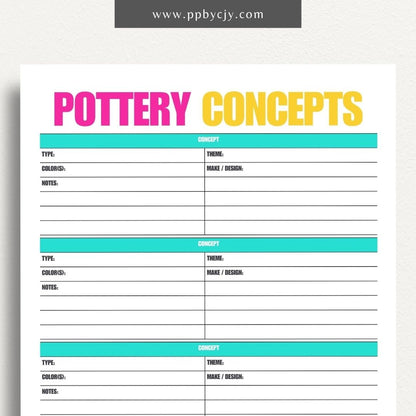 Pottery Concepts Printable Template – Digital download for planning and organizing ceramic design ideas, including sections for sketches, materials, and project tracking