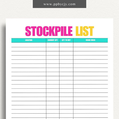 Stockpile List Printable Template – Digital download for tracking and organizing emergency supplies, food, water, and essentials inventory