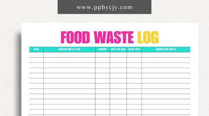 Restaurant Waste Log Printable Template – Digital download for tracking and managing waste in a restaurant, including types, quantities, and reasons for disposal