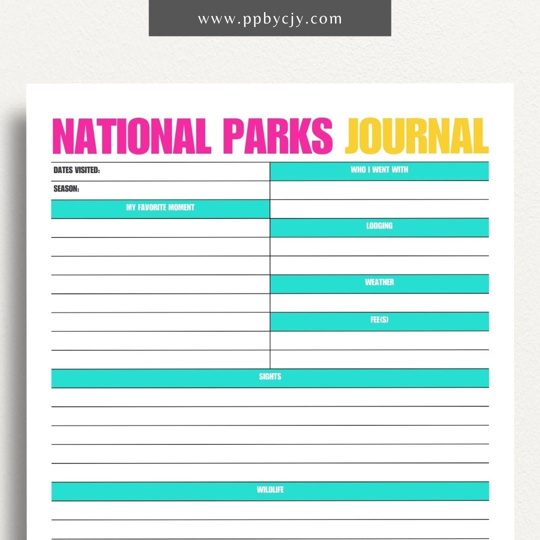 National Park Journal Printable Template – Digital download for tracking national park visits, hikes, wildlife, and more.