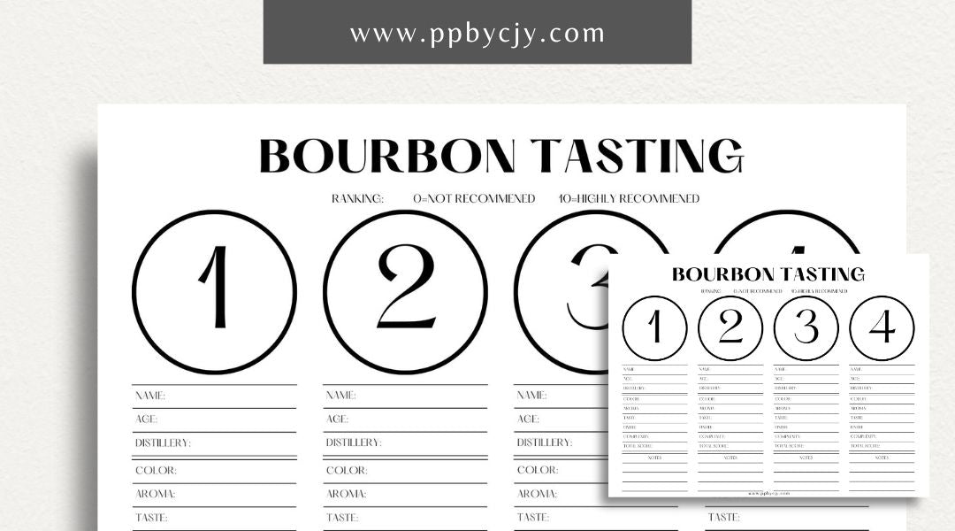 Bourbon Tasting Scorecard Printable Template – Digital Download for Recording and Rating Bourbon Tastings